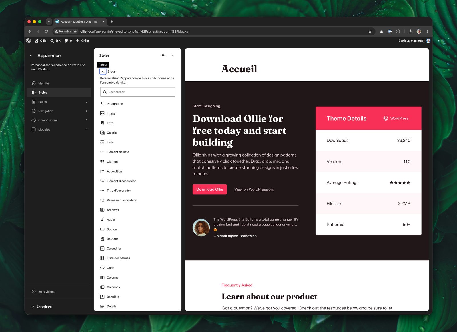 La liste des blocs disponibles dans WordPress afin de les personnaliser un par un.