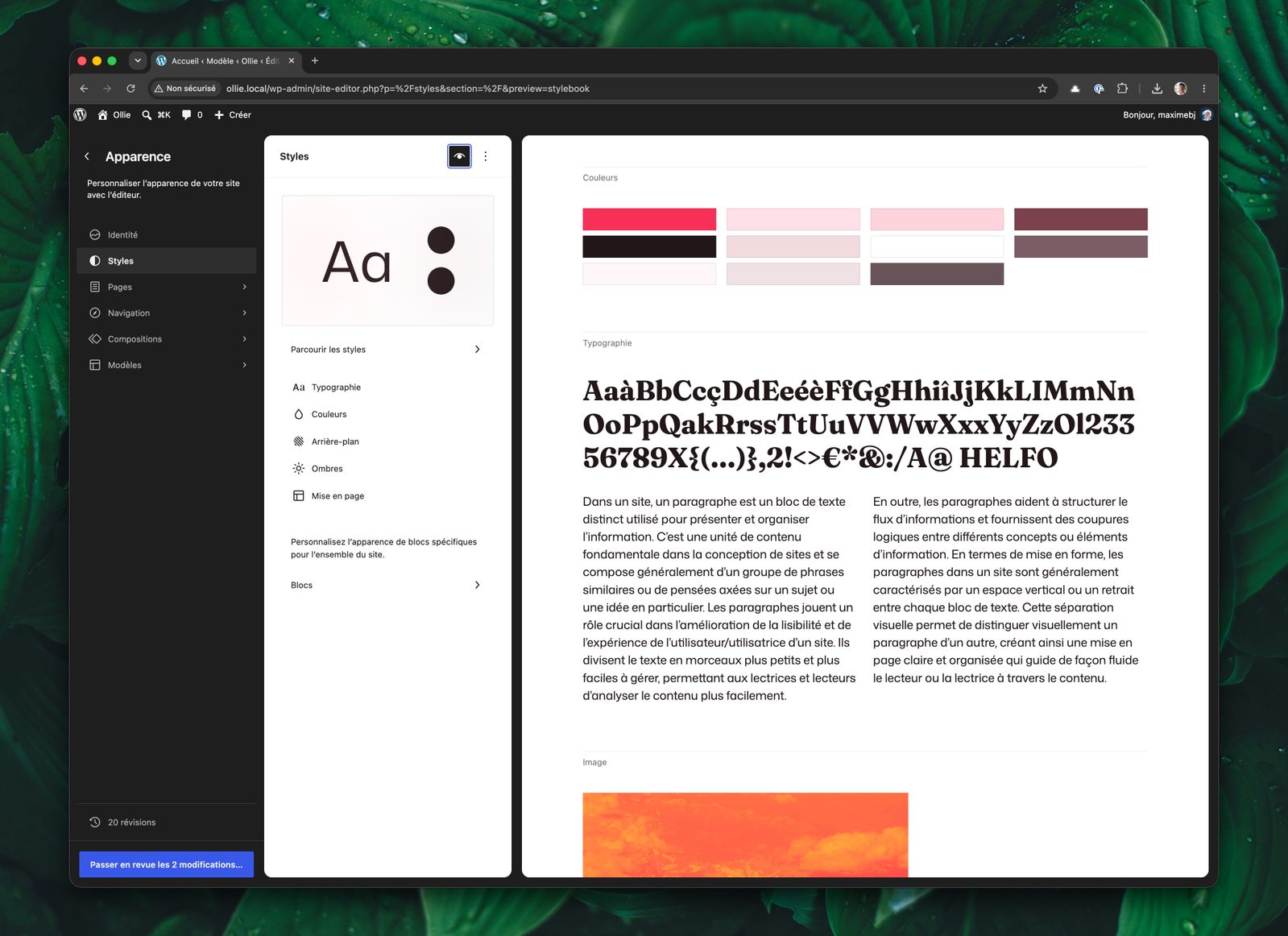 Le guide des styles affiche les couleurs, typographies et l'aperçu de chacun des blocs.