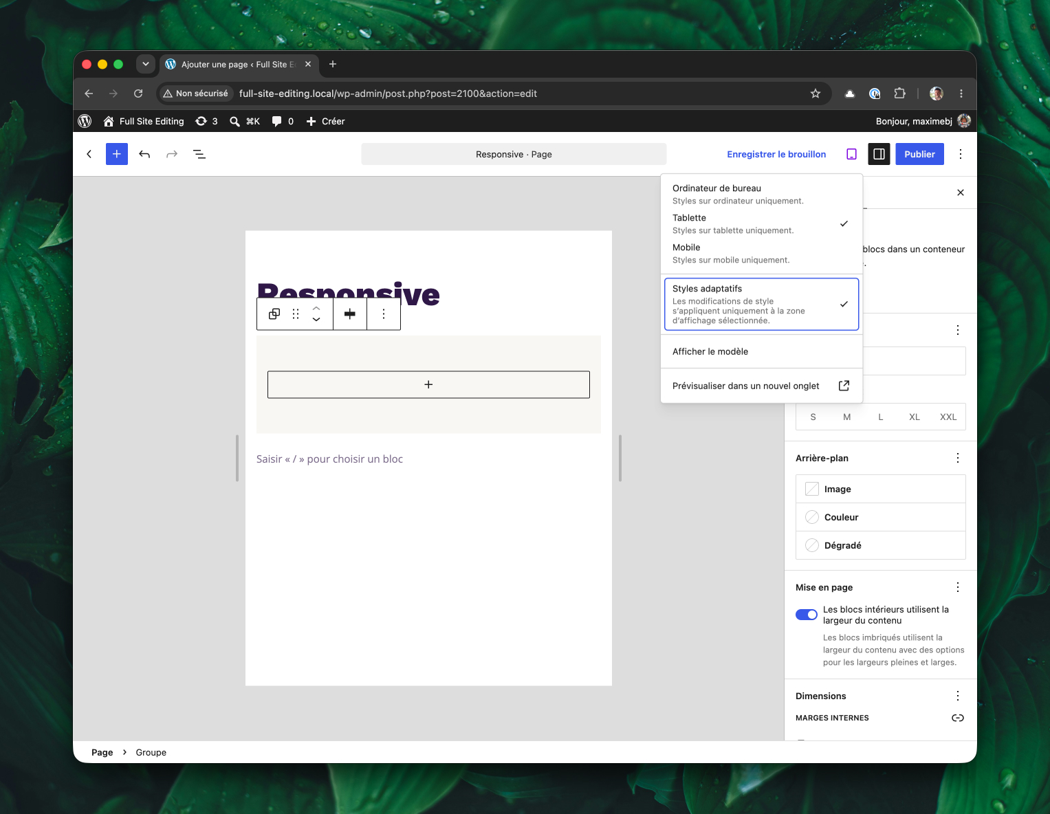 L'éditeur de WordPress. Le menu de changement de viewport est ouvert, laissant apparaître l'option « styles adaptatifs ».