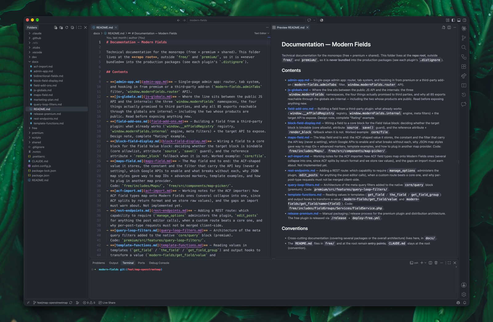 Le sommaire d'une documentation, en .md, affiché dans le logiciel VS Code