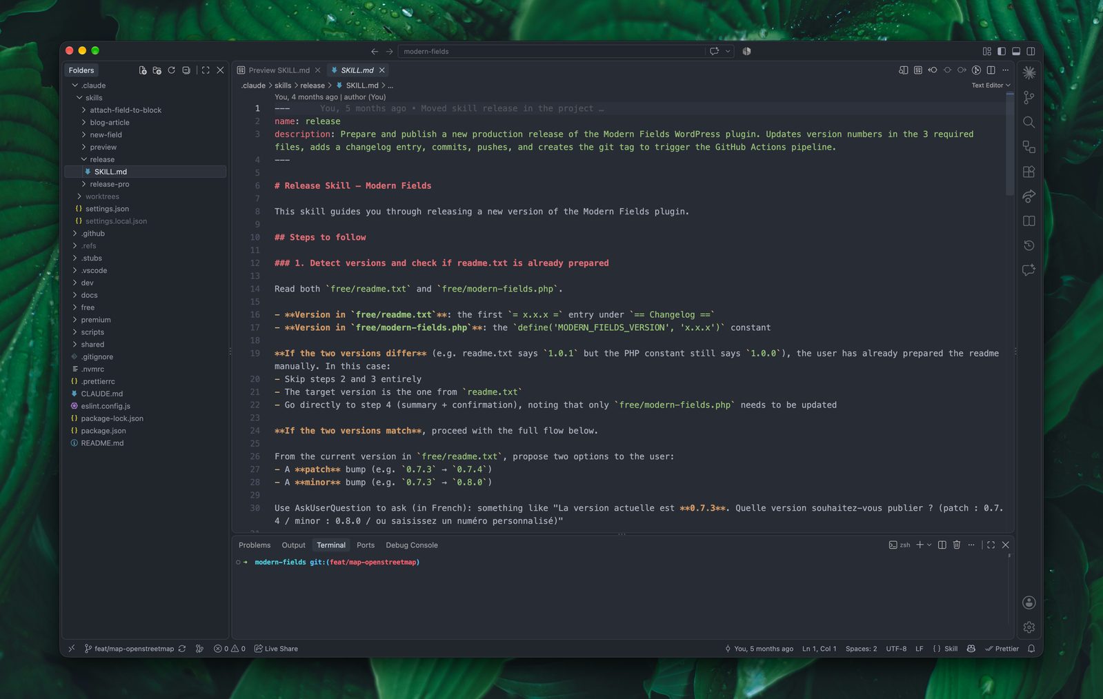 Un skill en markdown où l'on peut observer différentes étapes.