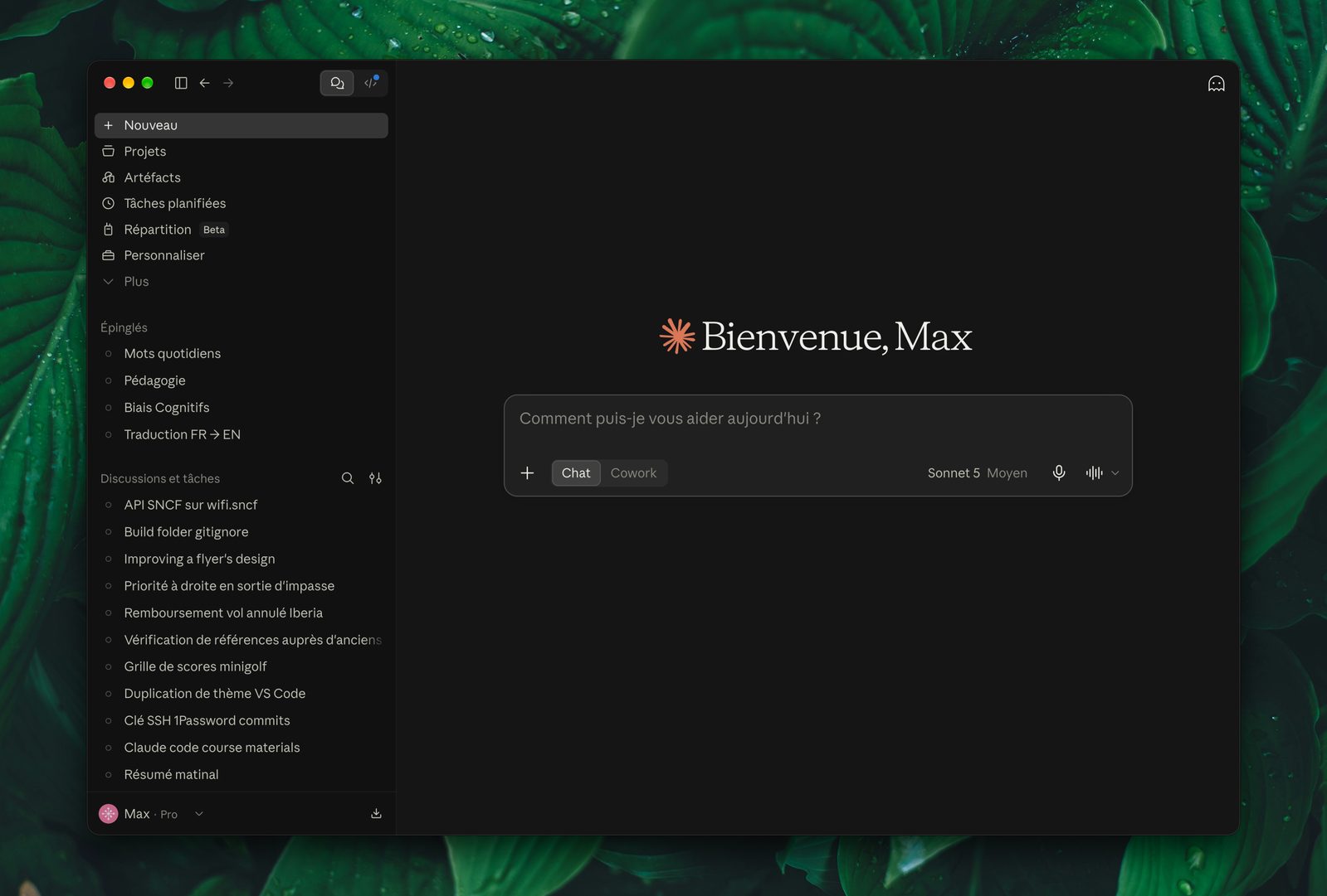 Capture d'écran du logiciel Claude sur Mac.