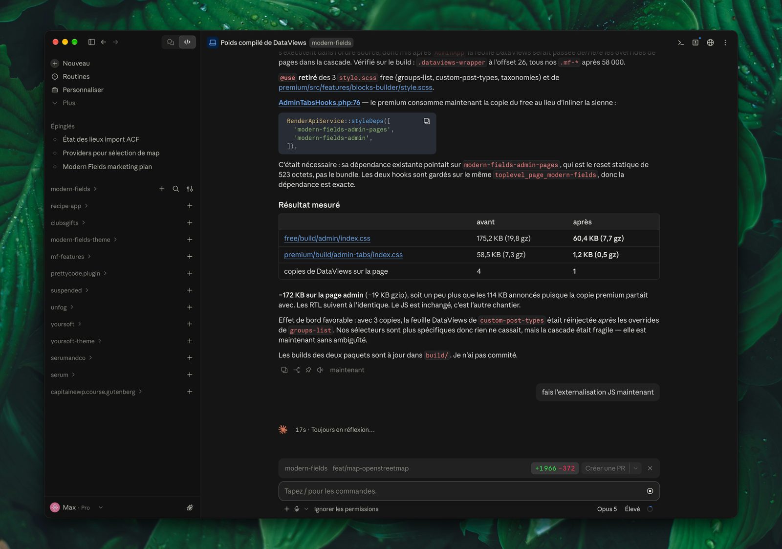 Capture d'écran de l'application Claude desktop, avec un prompt en cours d'exécution.