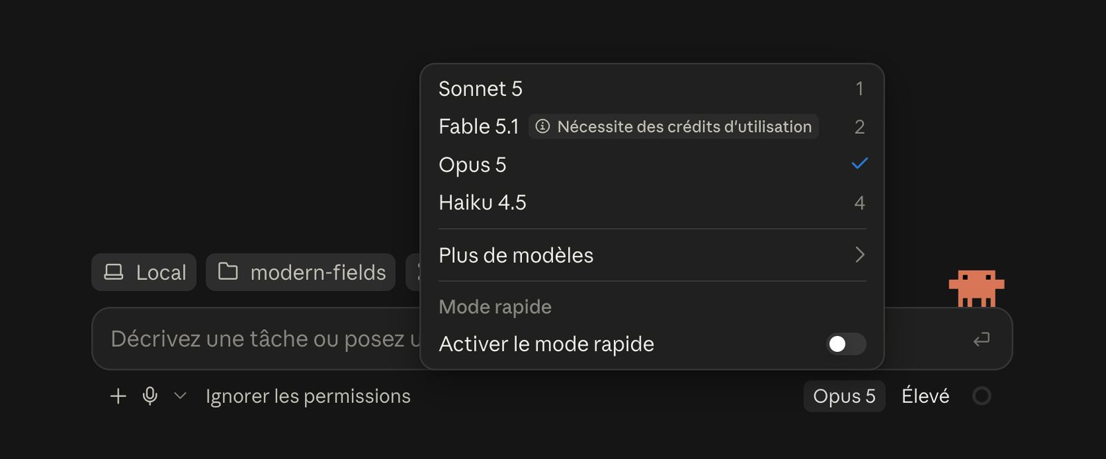 La fenêtre de sélection des modèles disponibles dans Claude.