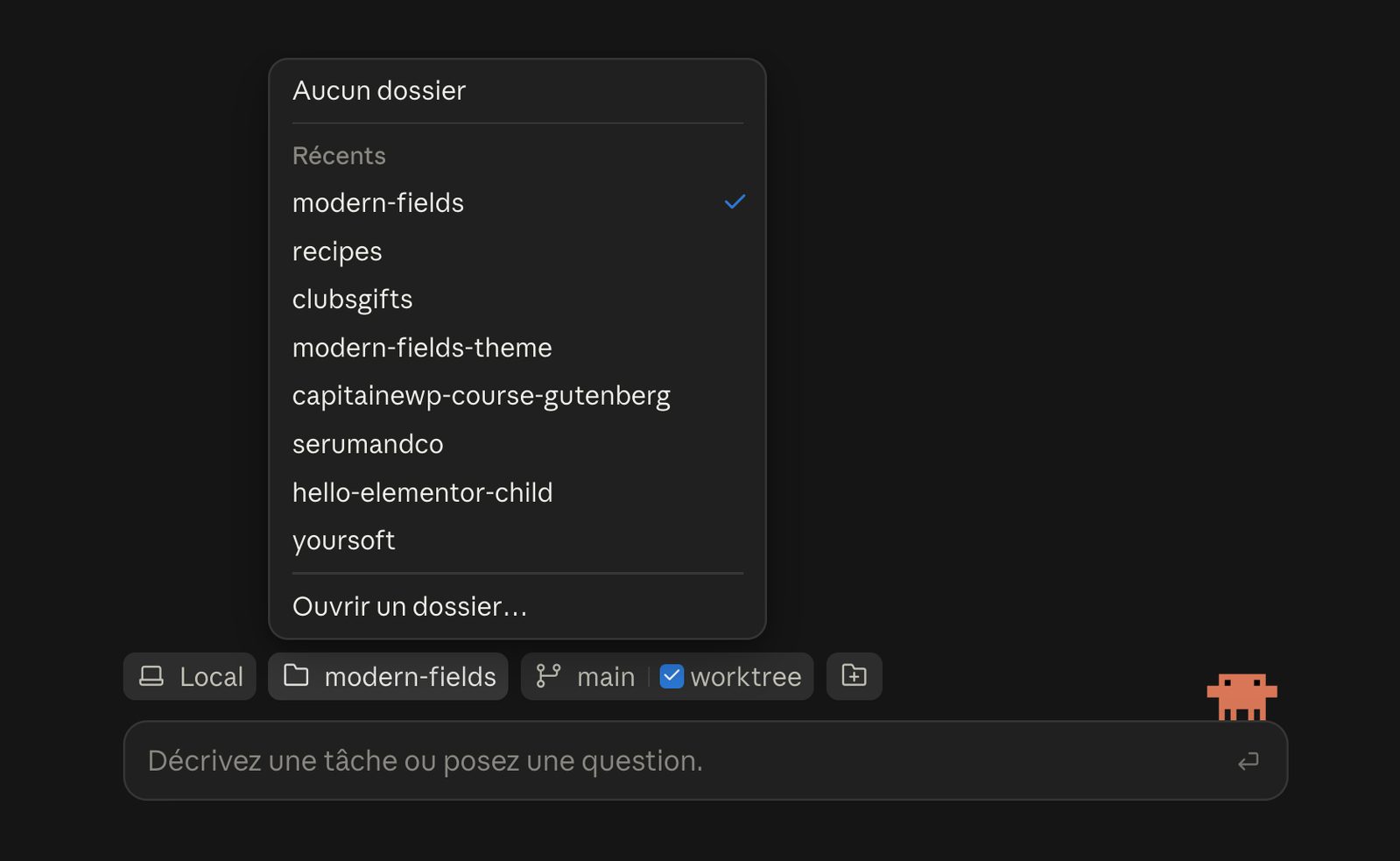 La zone de sélection du projet à ouvrir dans Claude Code.