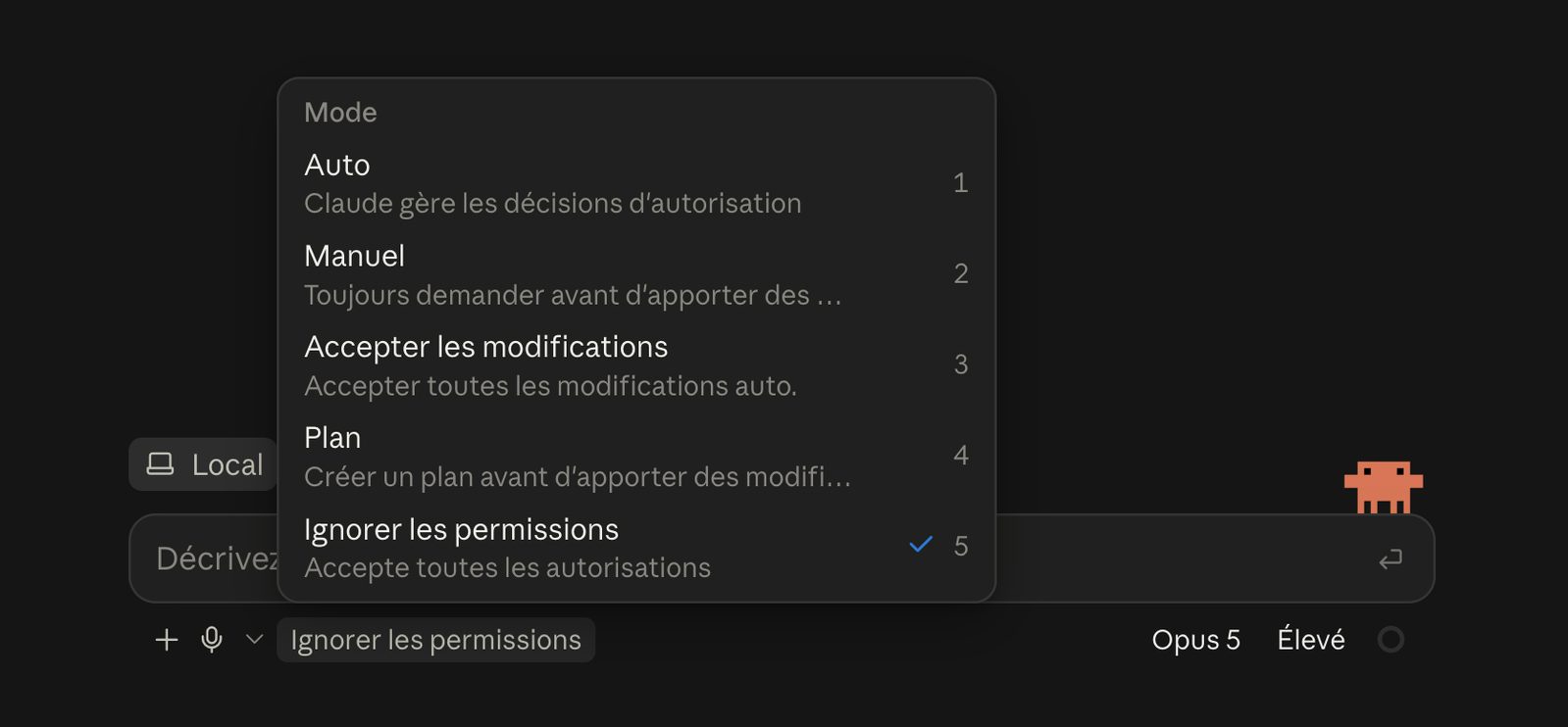 La fenêtre permettant de choisir les permissions allouées à Claude durant la session.