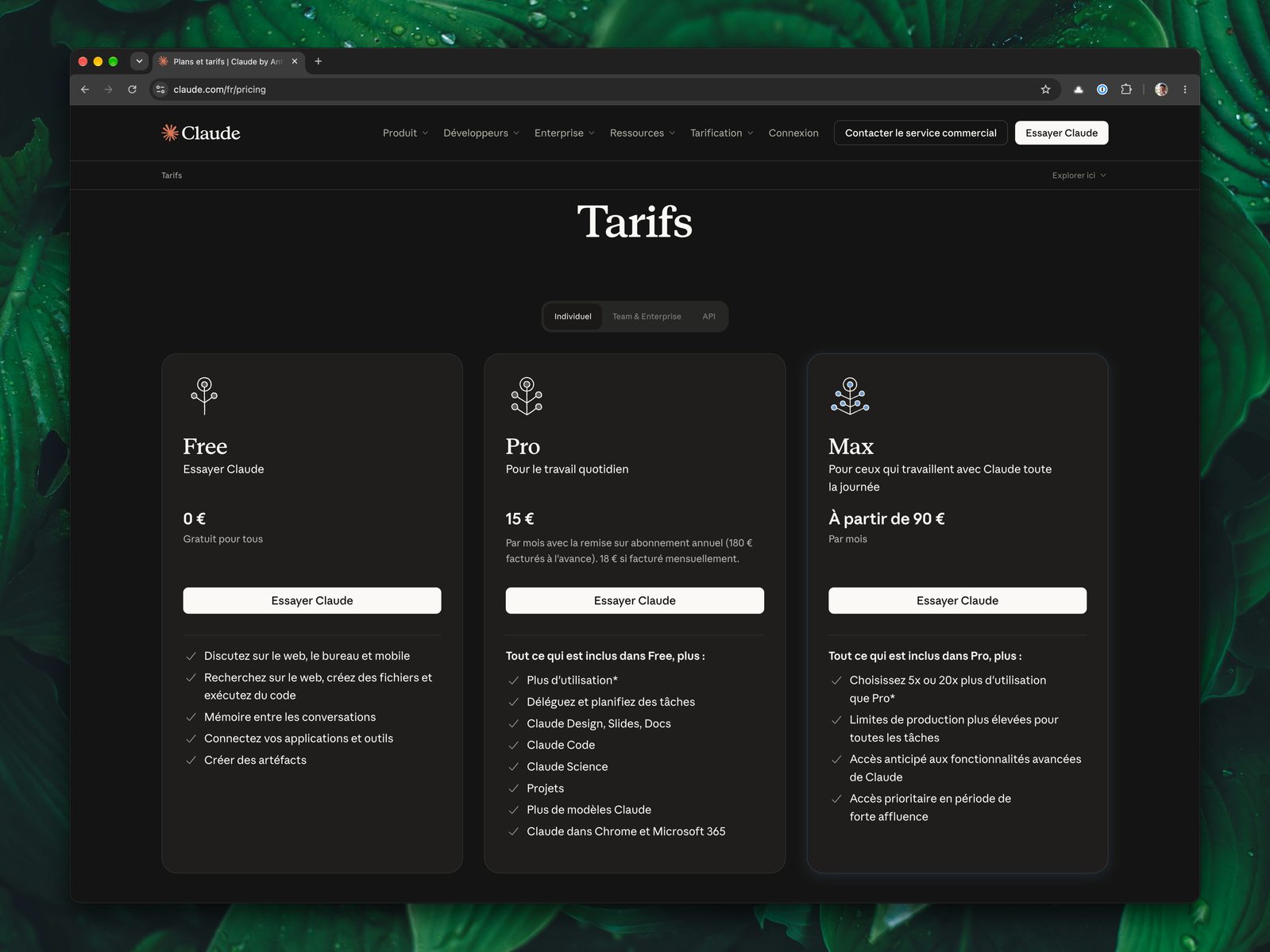 Page des tarifs sur le site de Claude. 3 Forfaits sont proposés.